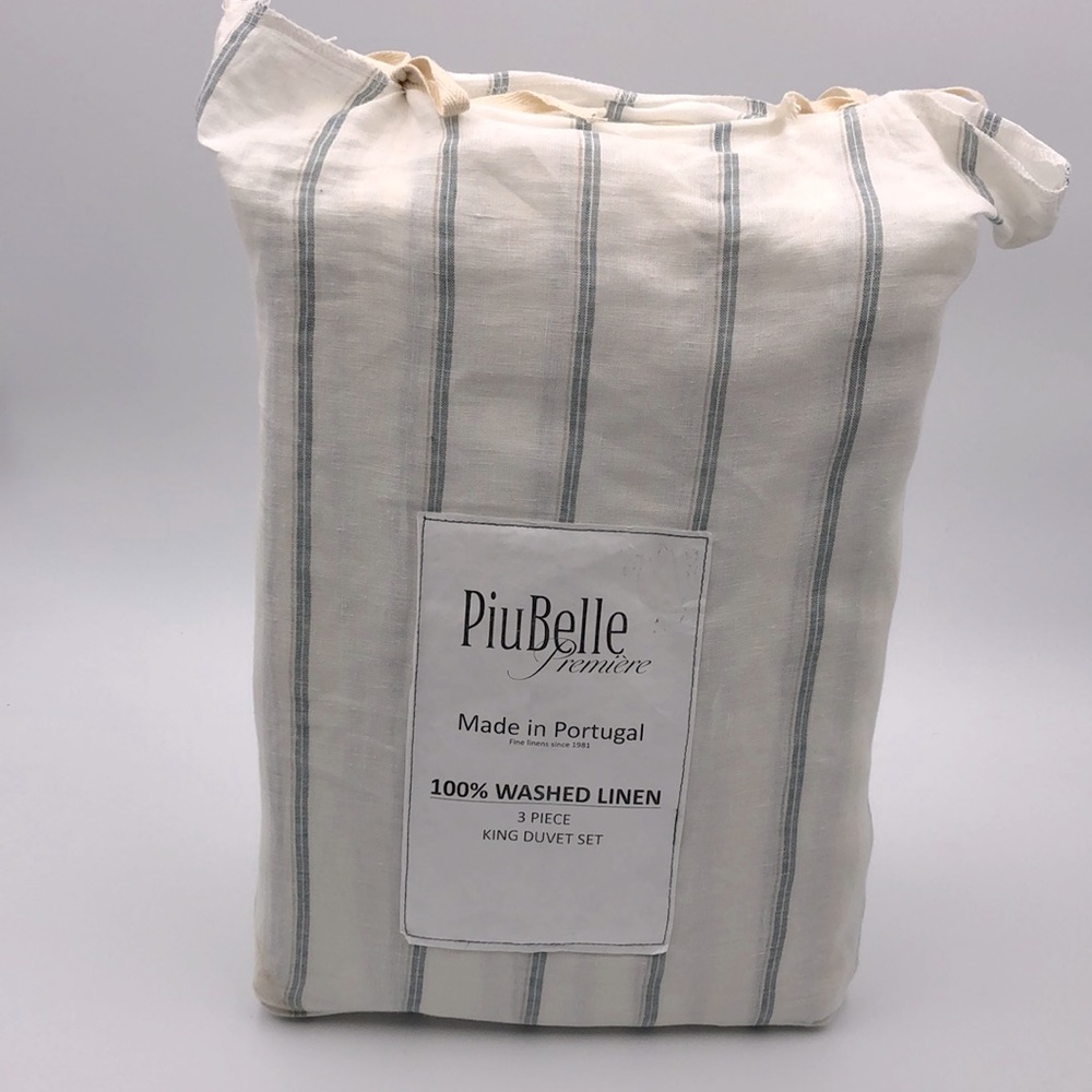 PiuBelle Ivory with Blue Stripe Linen King Duvet Cover 3 Piece Set